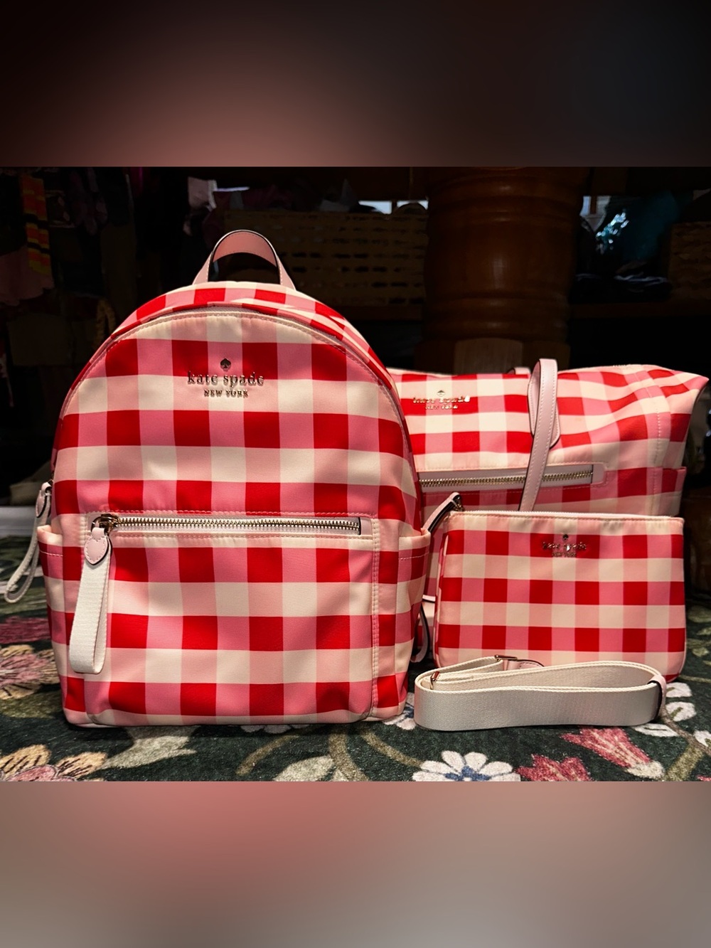 kate spade Red and White Gingham Mini Backpack Set
